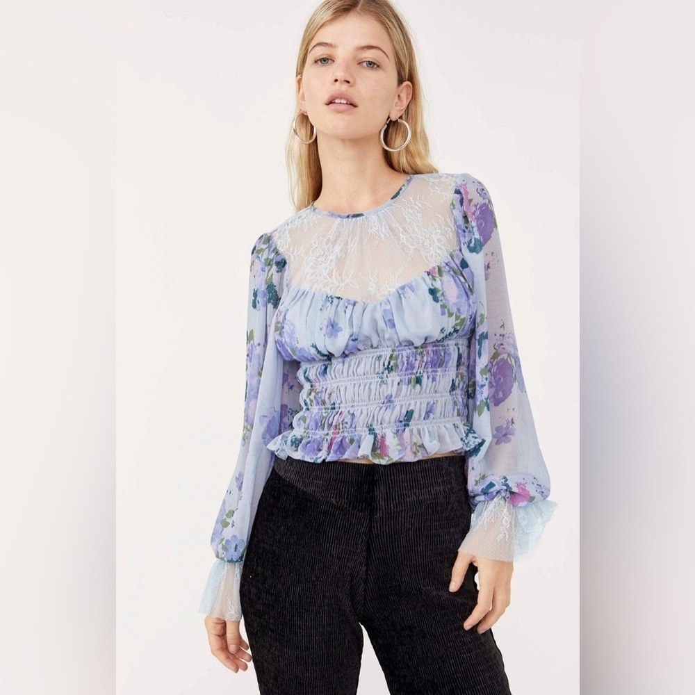 Free People NWT $128 Daphne Blouse Silver Blue Lace Floral Top Size Small